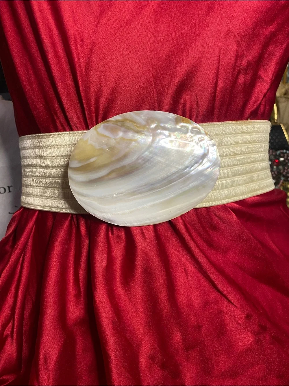 Vintage Neutral Shell Accent Stretch Belt - Ivory